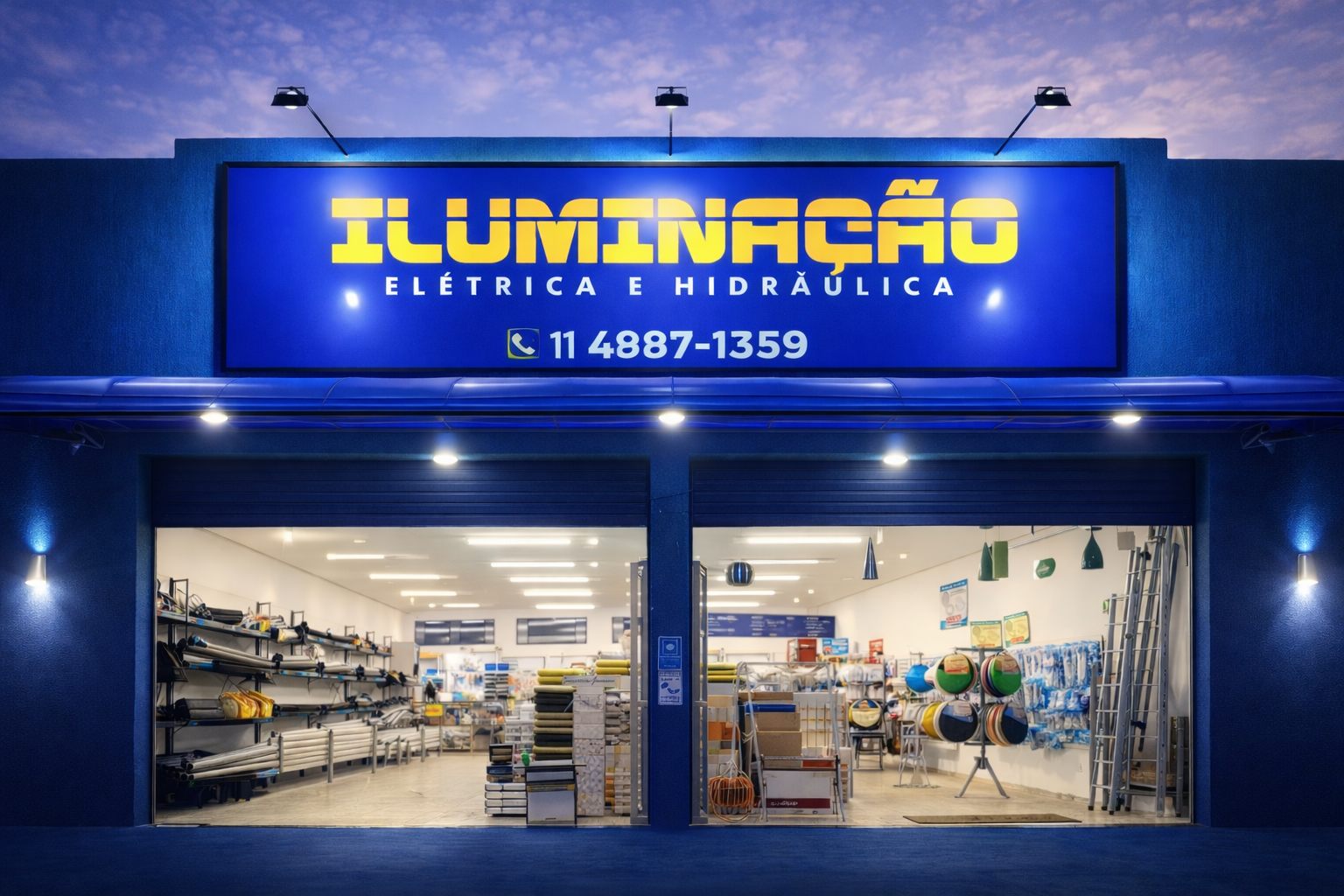 Fachada iluminada da loja Iluminação Elétrica e Hidráulica