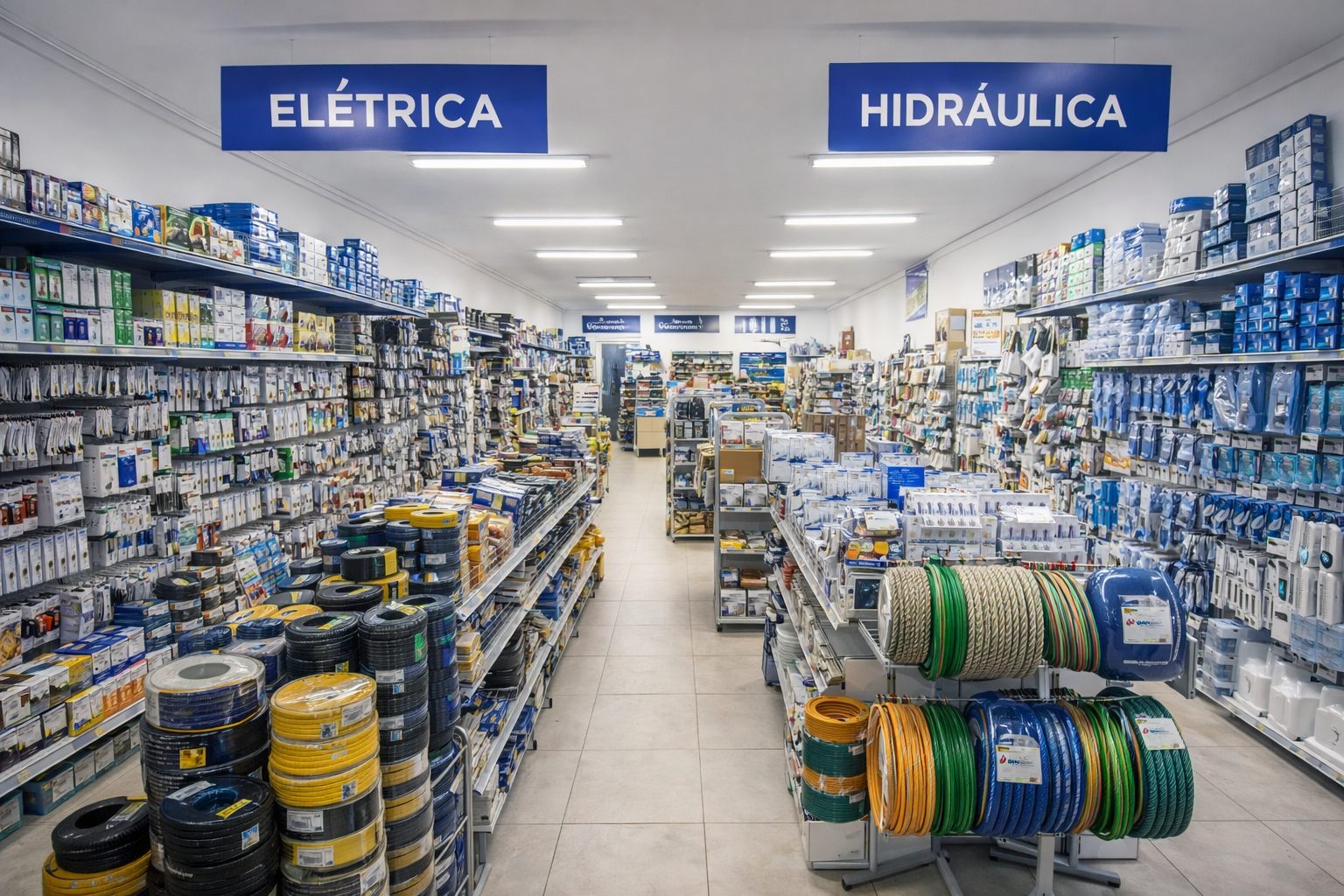 Corredores da loja com materiais elétricos e hidráulicos